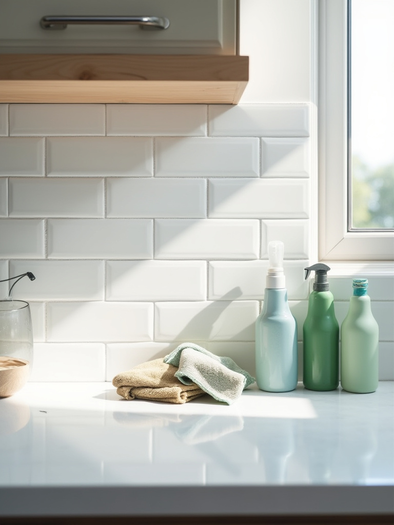 Spotless kitchen backsplash with cleaning supplies arranged, showcasing a routine cleaning schedule to maintain luster