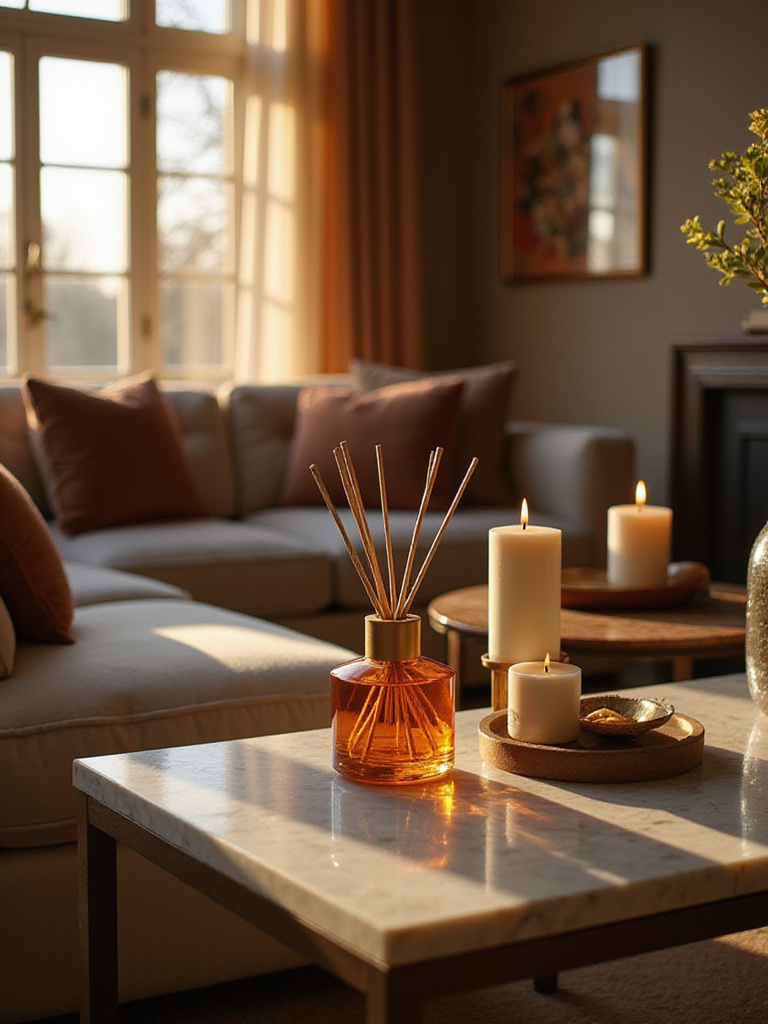Luxurious living room with elegant scent diffusers and candles creating a warm, inviting atmosphere