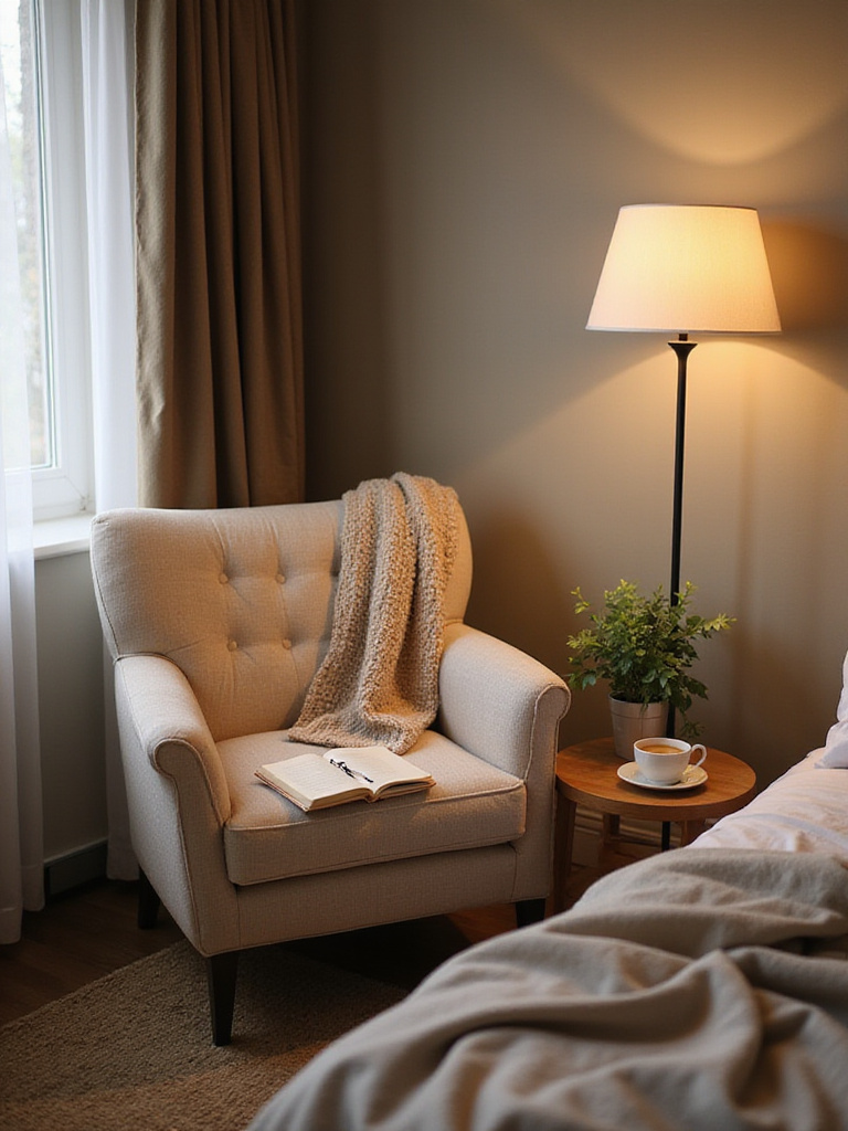 Cozy small seating area in a bedroom corner with armchair, side table, reading lamp, and natural light for reflective moments