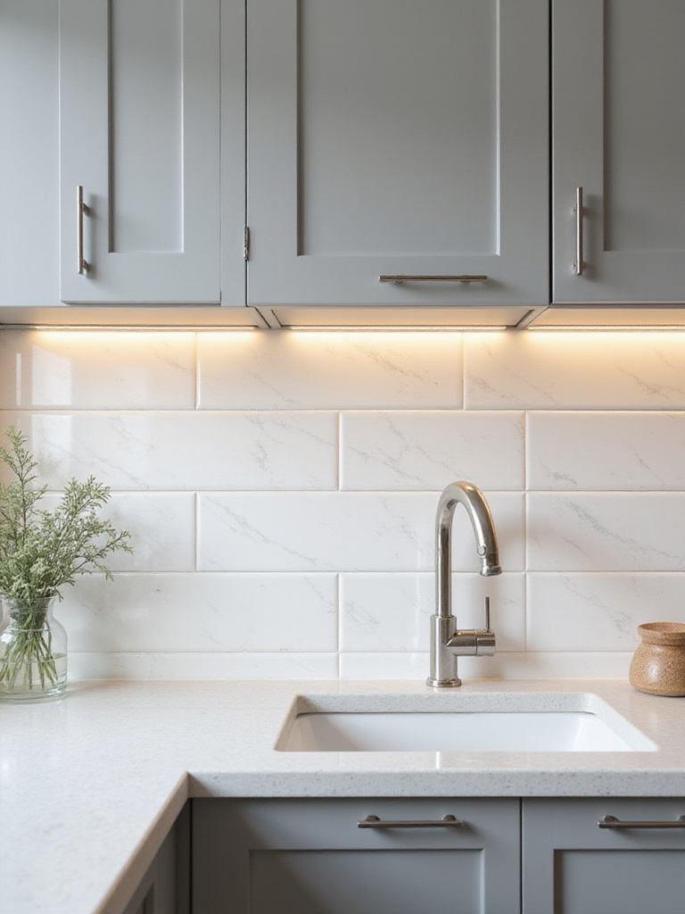 Portrait-style kitchen scene showing glossy tile backsplash illuminated by layered lighting with reflections