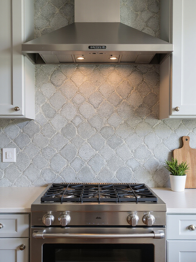 Close-up portrait view of a modern peel-and-stick kitchen backsplash with glossy tile pattern installed behind stove and countertop