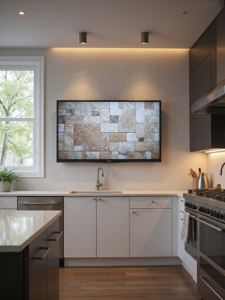 Modern kitchen wall with digital screen showing 3D backsplash visualization tool preview