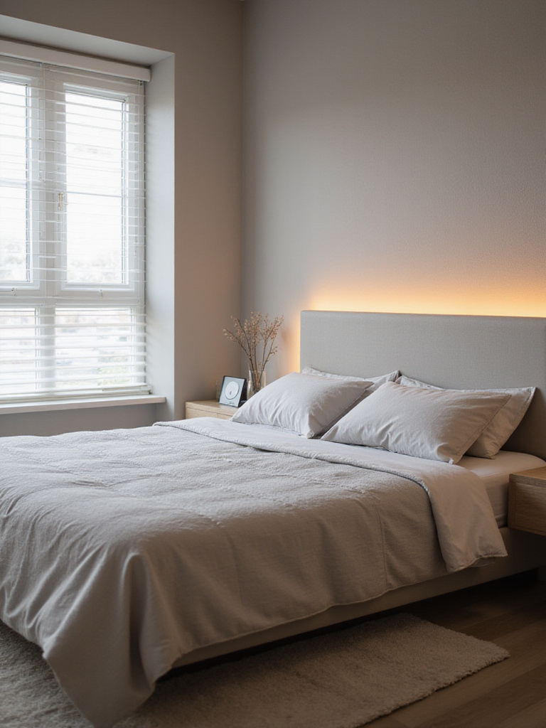 Vertical photo of a modern bedroom with smart lighting, wall thermostat, smart speaker, motorized blinds and a quilted smart mattress cover for enhanced comfort