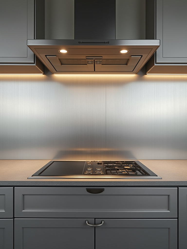 Portrait view of a modern kitchen with a brushed stainless steel backsplash under warm LED lighting, showcasing an industrial and hygienic design aesthetic