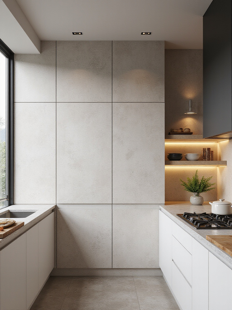 Vertical kitchen with full-height backsplash extending from counter to ceiling