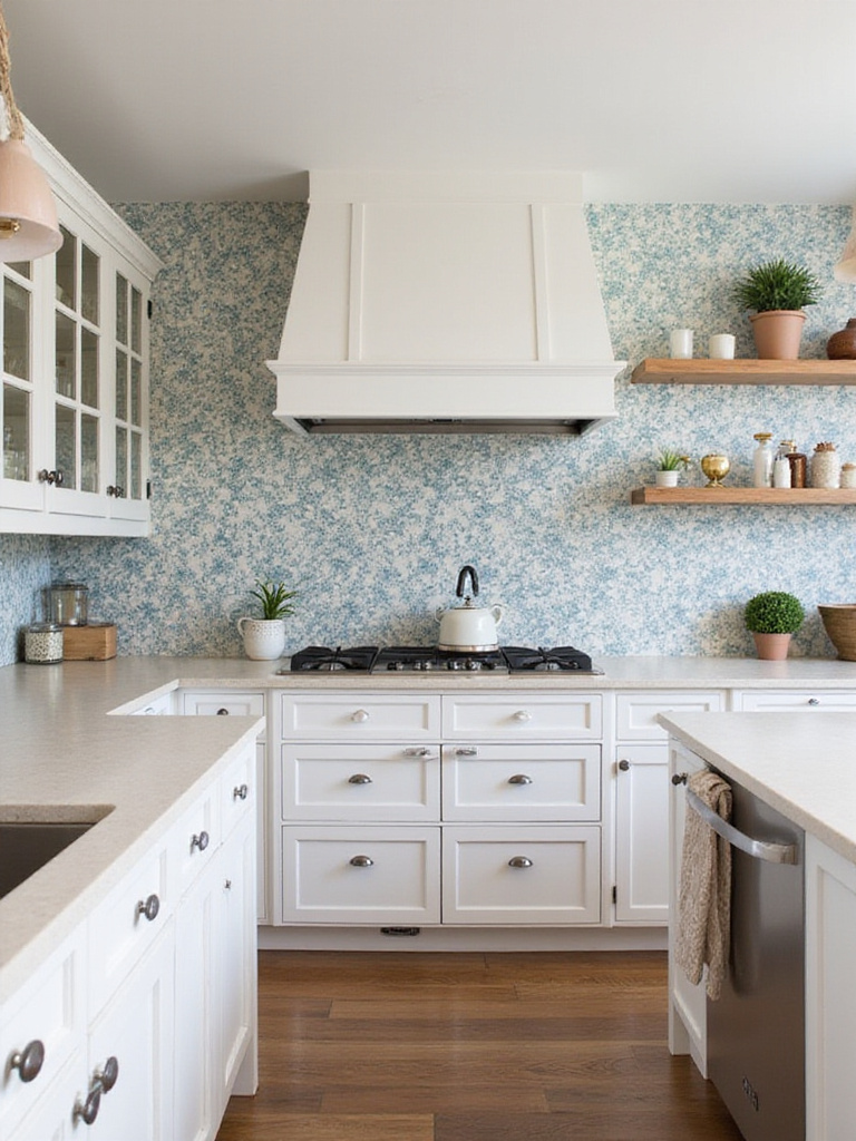 Extend Wallpaper from Walls to a Faux Backsplash for Unified Kitchen Drama for modern kitchen wallpaper