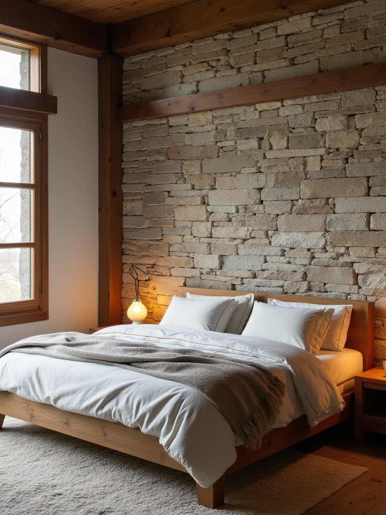 Rustic bedroom with a large stone accent wall behind a wooden bed, warm lighting