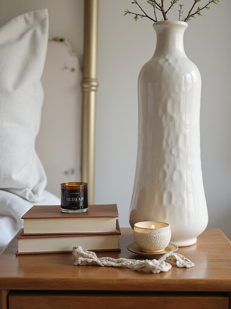 Curated grouping of decorative accessories on a wooden nightstand with vase, books, candle, and jewelry dish in soft natural light