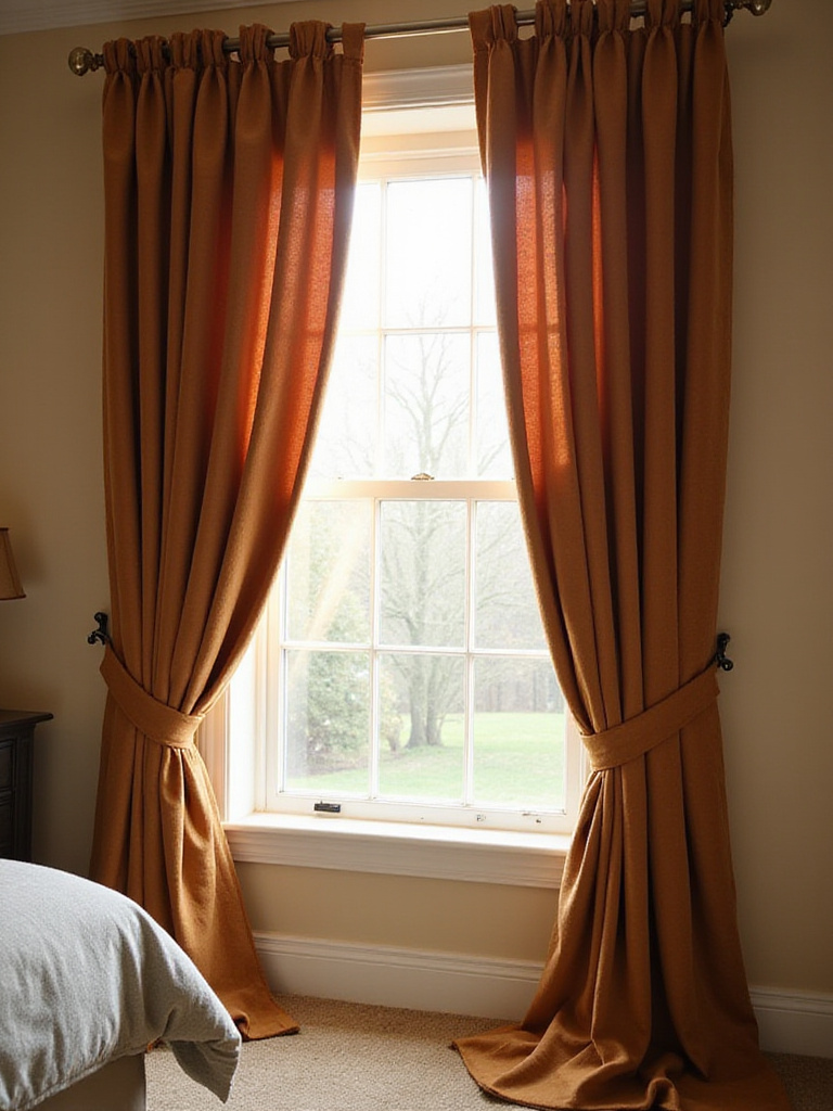 Cozy bedroom corner with heavy, insulated velvet drapes softly puddling on the floor for enhanced privacy and warmth
