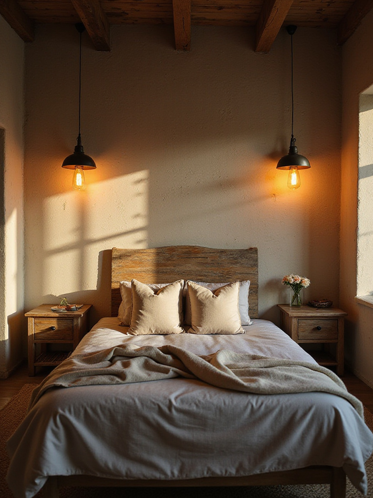 Cozy rustic bedroom with warm pendant lights above matching nightstands.
