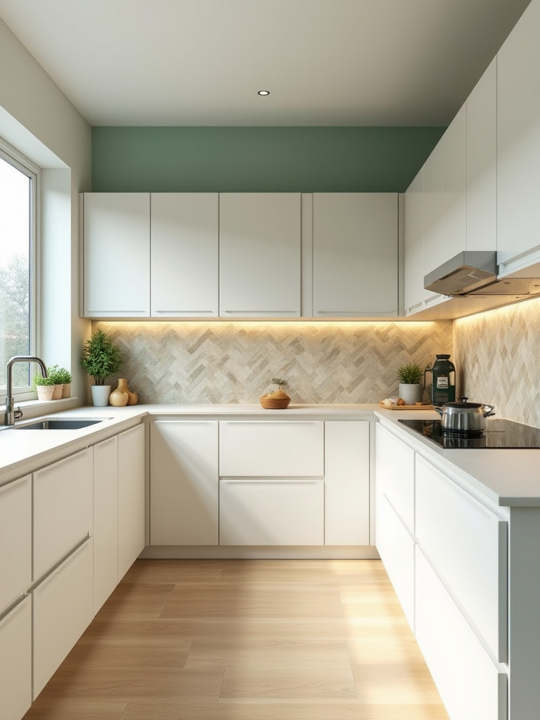 Vertical modern kitchen showing a cohesive color palette with wallpaper and textured surfaces.