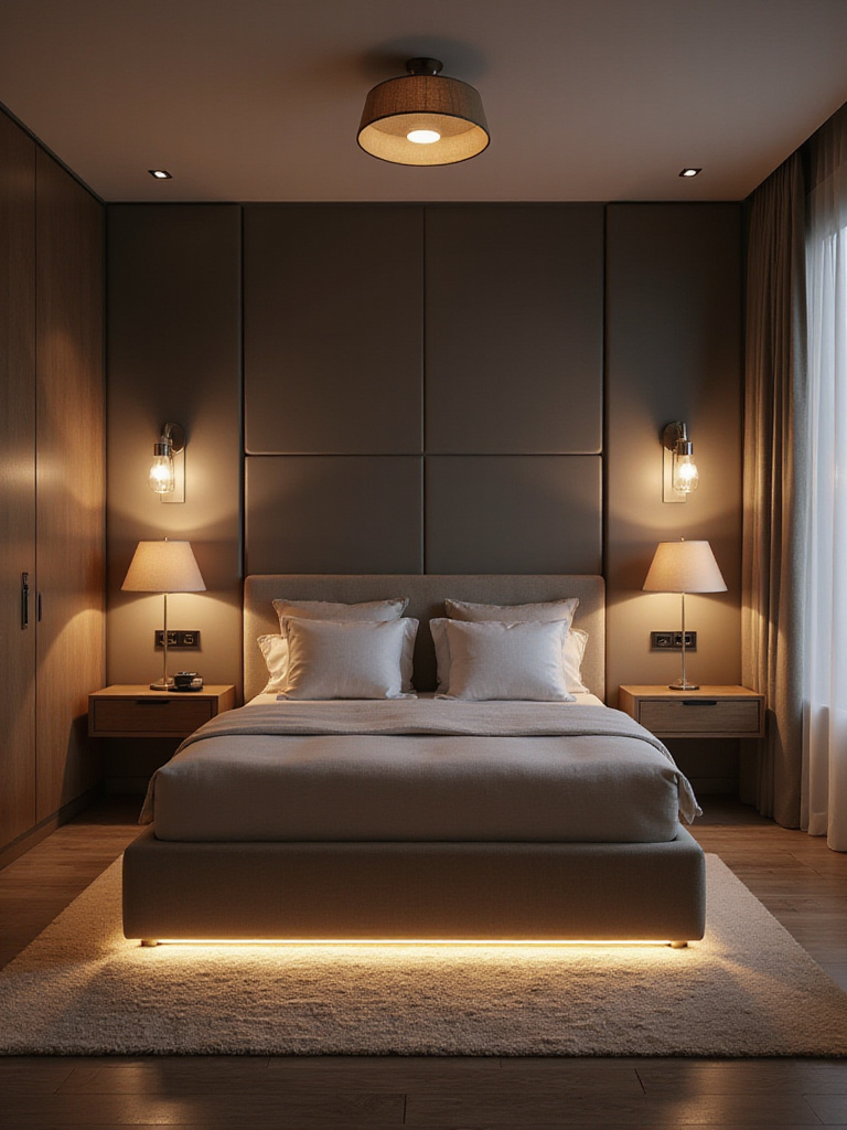 Modern bedroom portrait showing layered ambient recessed lights, bedside lamps, reading sconces, and under-bed LED accent lighting for versatile ambiance