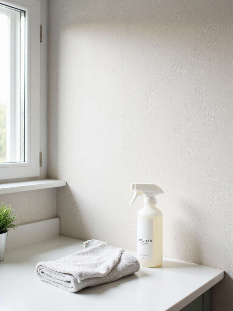 Portrait view of a modern kitchen wallpaper setup with cleaning supplies on a clean counter