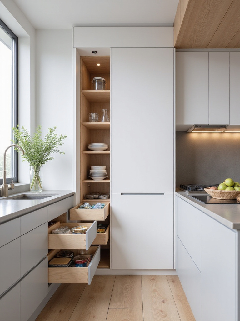 Modern kitchen with floor-to-ceiling pantry and hidden appliance storage