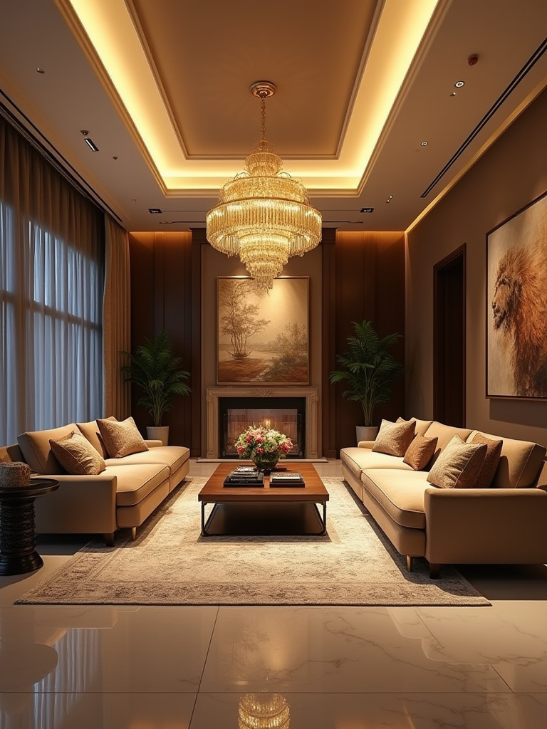 Luxurious living room with sophisticated layered lighting including ambient, task, and accent lights highlighting architectural details