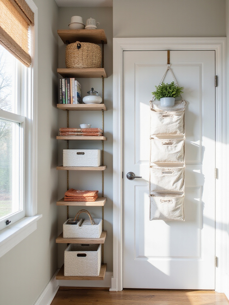 Vertical storage solutions in a small bedroom with floating shelves and over-the-door organizers maximizing space efficiency