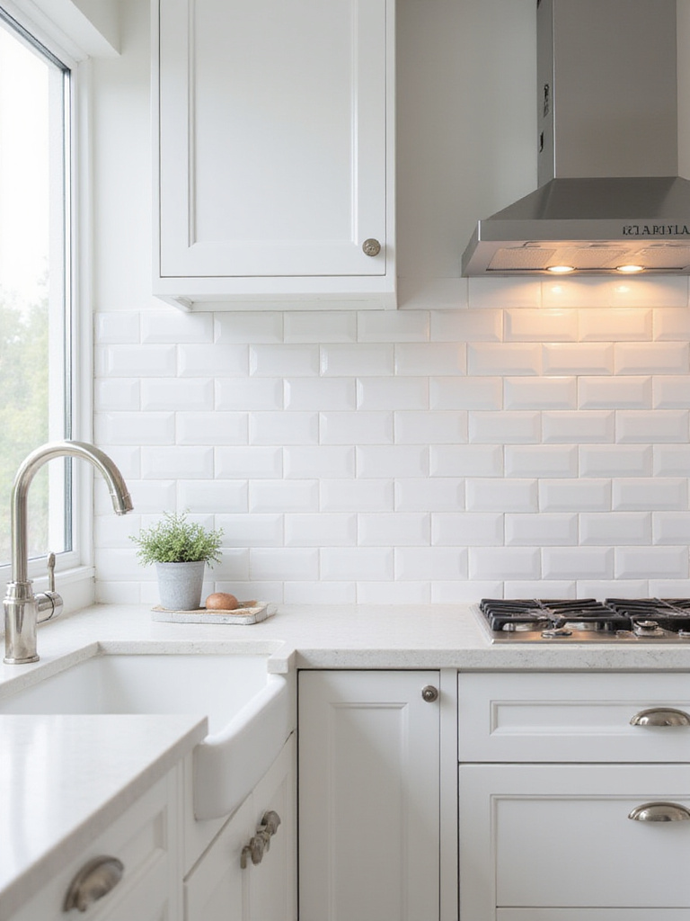 Portrait photo of a modern kitchen with a classic subway tile backsplash in a staggered running bond, white tiles and pale gray grout, bright natural light.