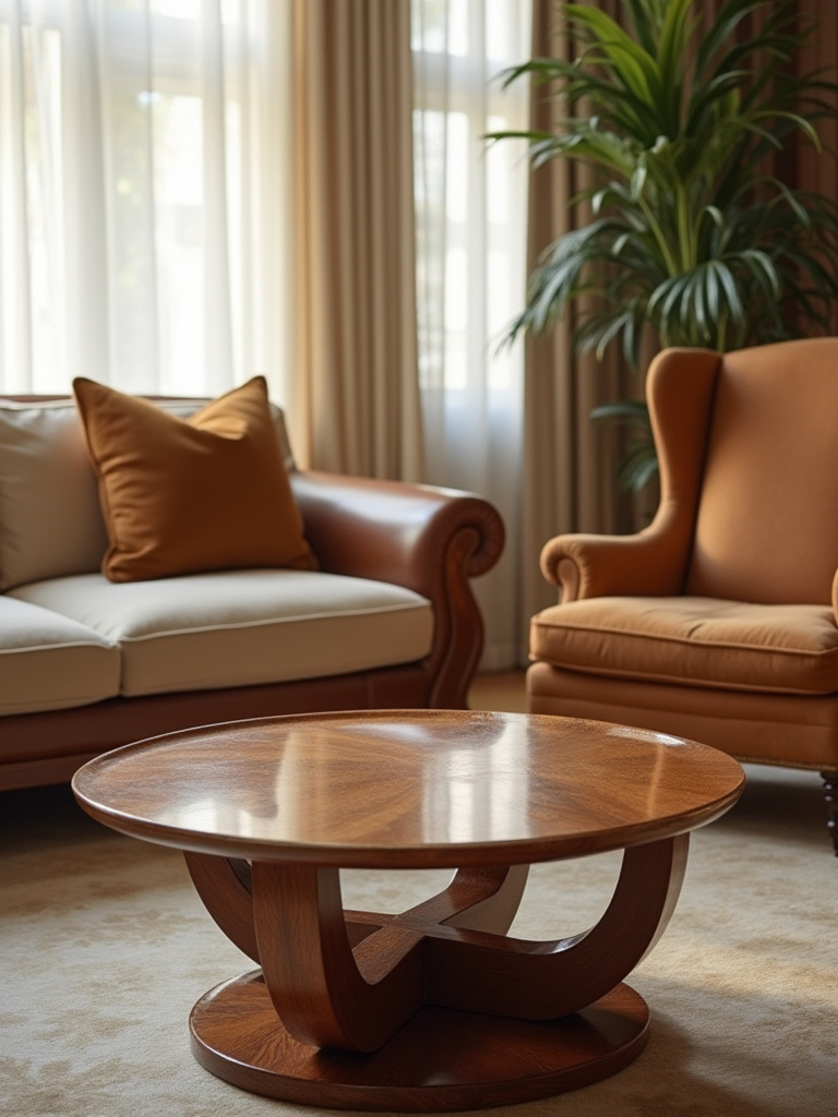 Portrait image of a pristine, well-maintained high-end furniture set in a luxurious living room with soft natural lighting