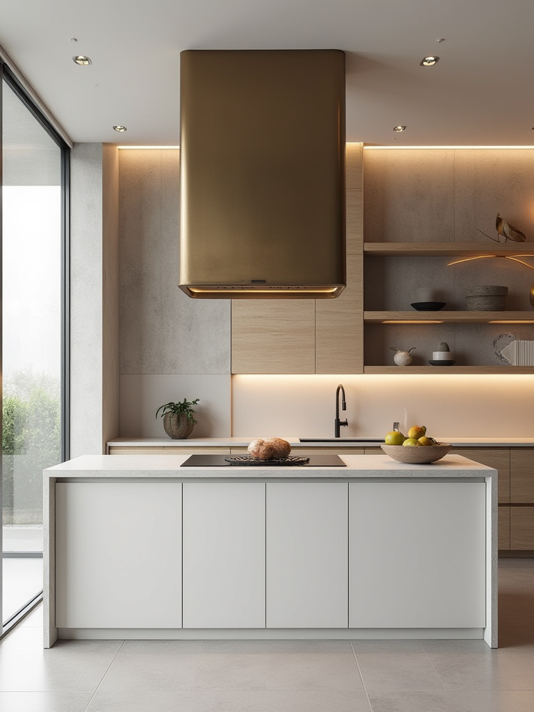 Modern kitchen displaying a sculptural range hood and oversized pendant as functional art