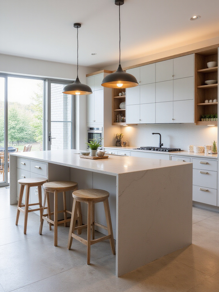 Modern kitchen island with seating and storage, vertical portrait shot