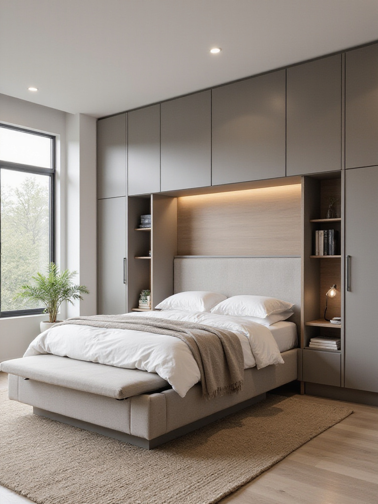 Modern minimalist bedroom in portrait view with a platform ottoman bed open to reveal hidden storage, flush headboard cabinets, and a storage bench