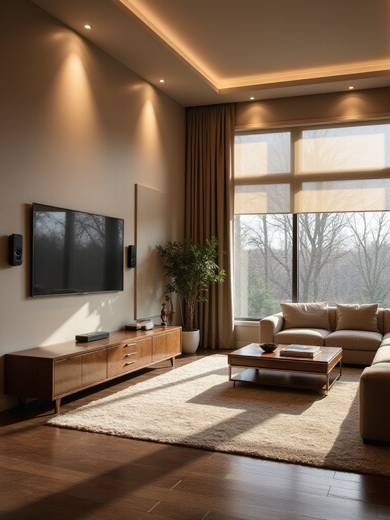 Luxurious living room featuring integrated smart home automation with ambient lighting, automated shades, and sleek control panel