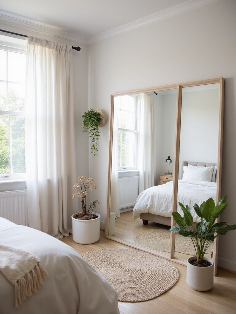 Small bedroom with a large floor-length mirror reflecting natural light, visually expanding the space