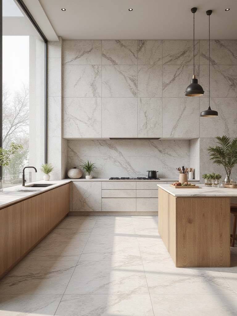 Luxurious kitchen with natural stone tile backsplash and warm cabinetry, portrait layout