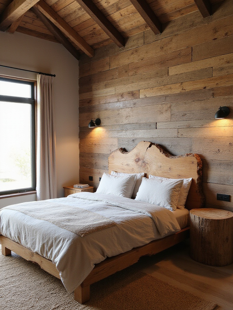 Vertical rustic bedroom with live-edge headboard, reclaimed wood wall, and warm lighting.