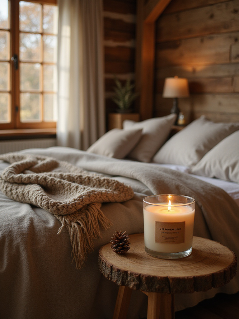Vertical rustic bedroom with cedarwood candle on a wooden nightstand, warm lighting, natural textures