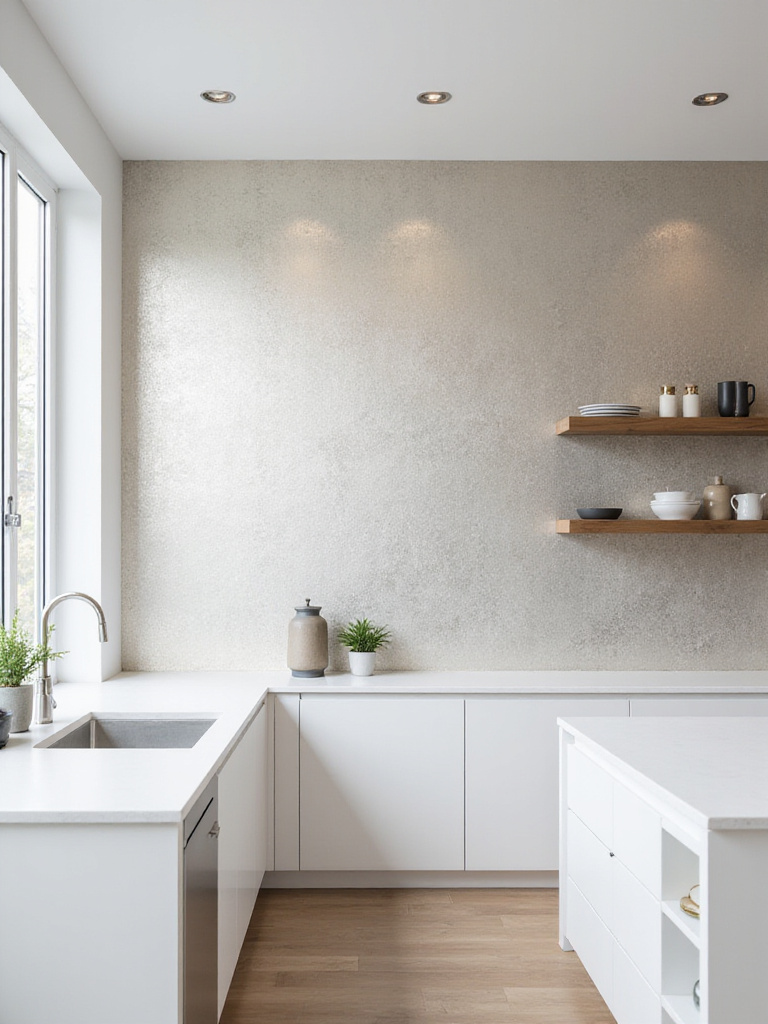 Modern kitchen with subtle metallic wallpaper accent wall reflecting light