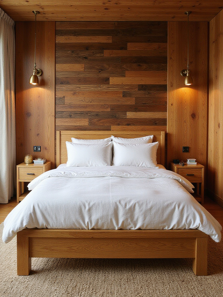 Cozy bedroom with warm-toned oak bed frame and walnut wood accent wall, natural soft lighting highlighting wood textures