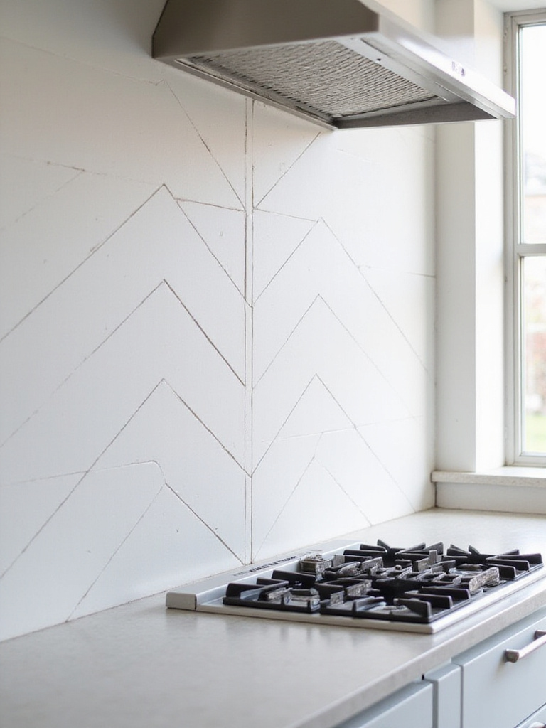 Modern kitchen backsplash featuring a vertical white matte ceramic tile herringbone pattern behind stovetop