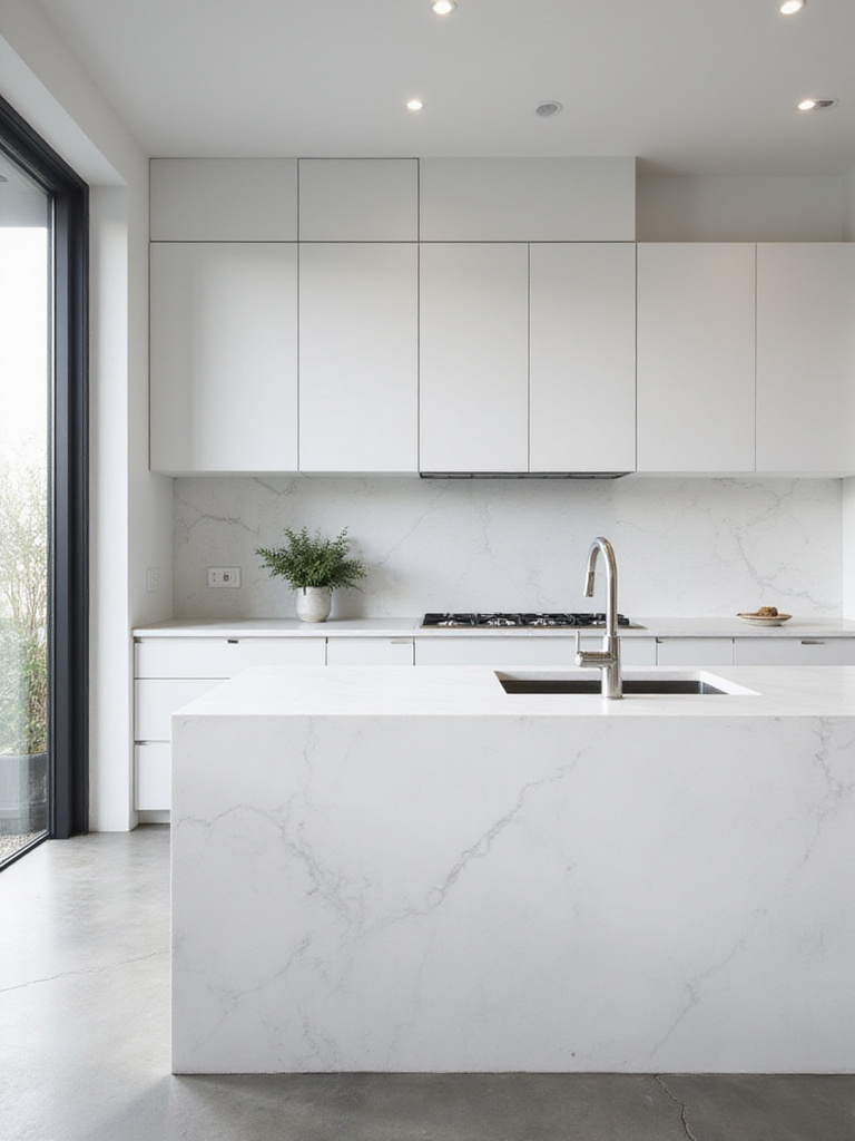 Vertical portrait of a modern kitchen with a seamless, monochrome large-format countertop and waterfall edge on an island.