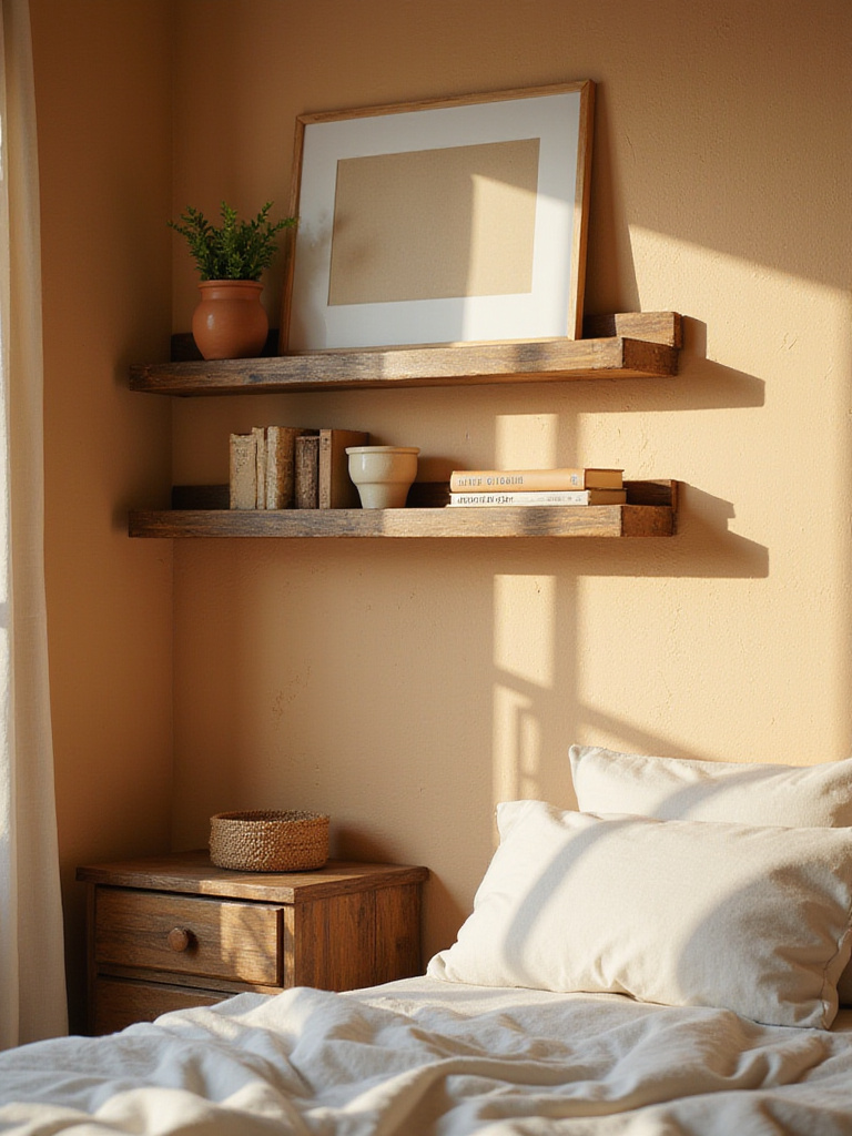 Warm rustic bedroom wall with floating shelves displaying plants and books.
