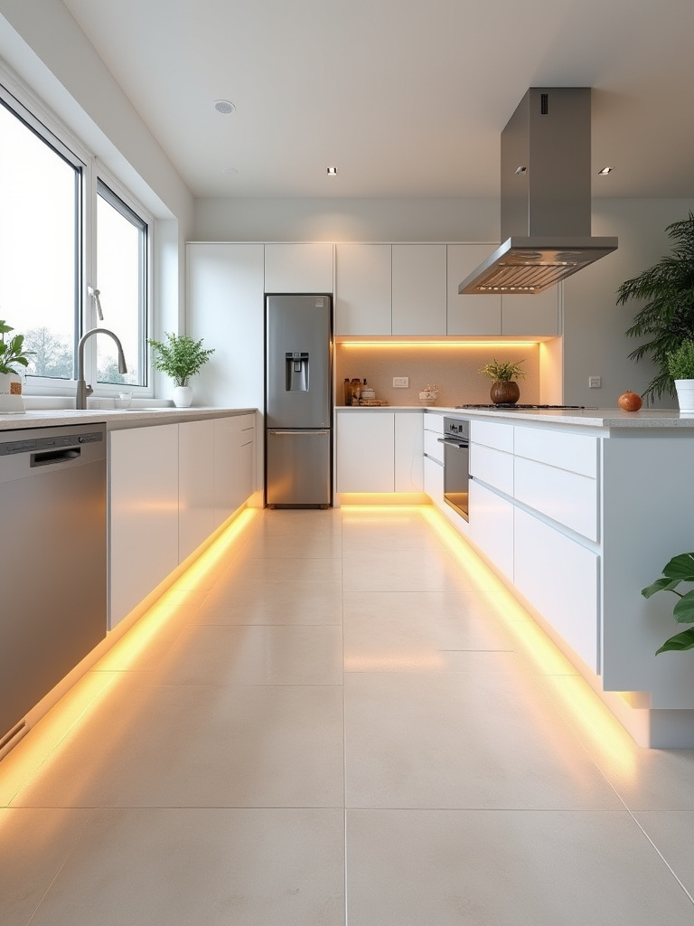 Portrait kitchen with warm radiant floor under modern tiles and soft natural light