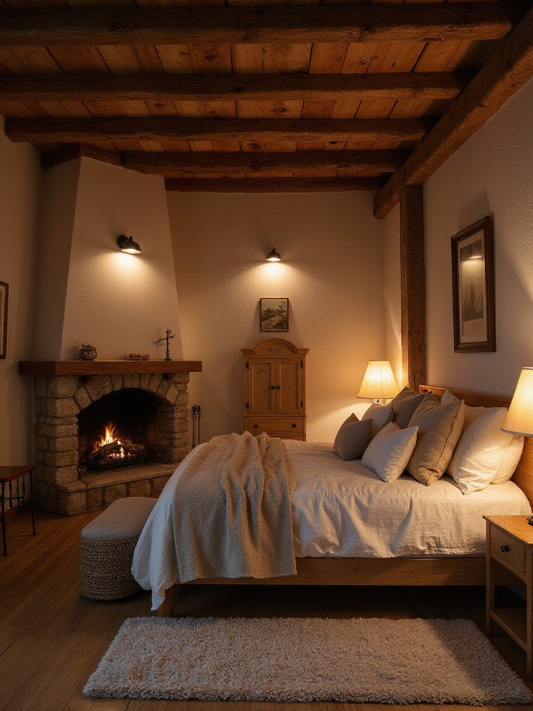 Vertical shot of a cozy rustic bedroom corner with warm ambient lighting, wood beams, stone fireplace, linen bedding, and soft textiles