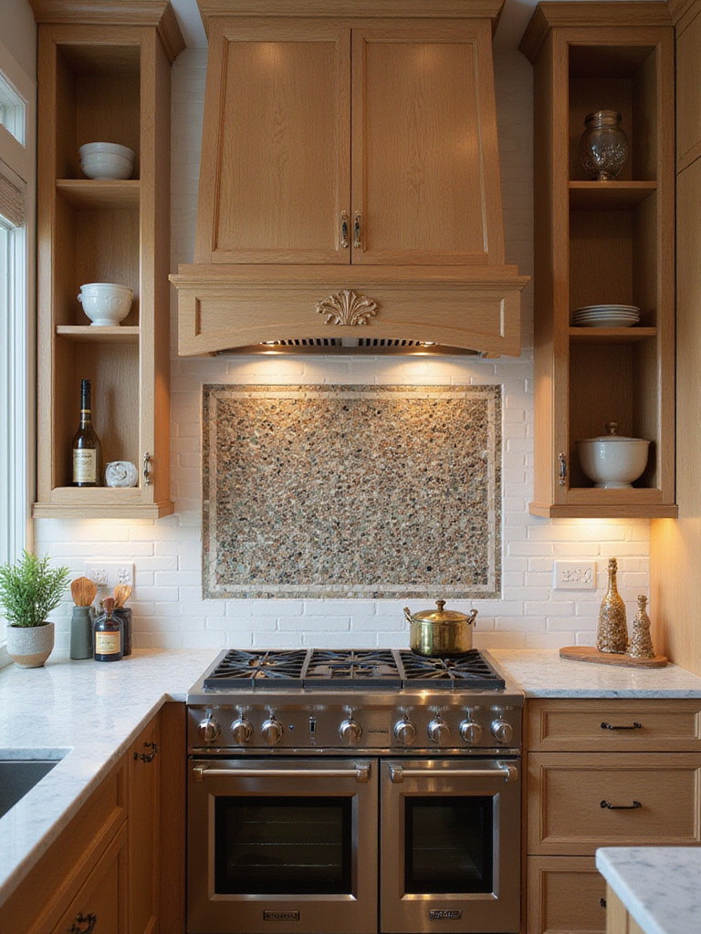 Vertical luxury kitchen with a decorative mosaic insert in the backsplash as focal point, warm lighting, no people