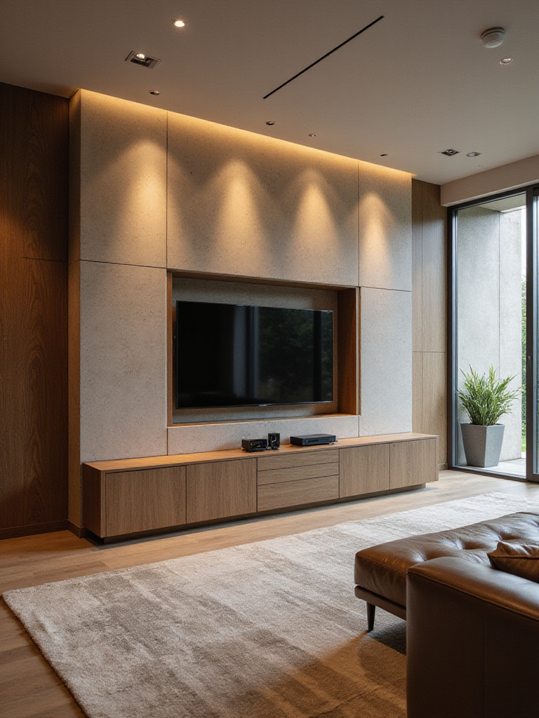 Luxurious living room with discreetly integrated high-fidelity audio/visual systems, hidden speakers, and motorized lift TV within custom cabinetry