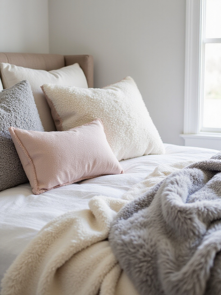 Cozy bedroom corner with layered faux fur and Sherpa throw blankets and pillows in neutral tones showcasing supreme softness
