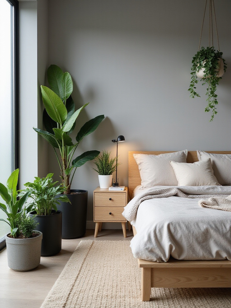 Portrait photo of a modern bedroom featuring sleek planters and lush indoor plants for a fresh, serene atmosphere