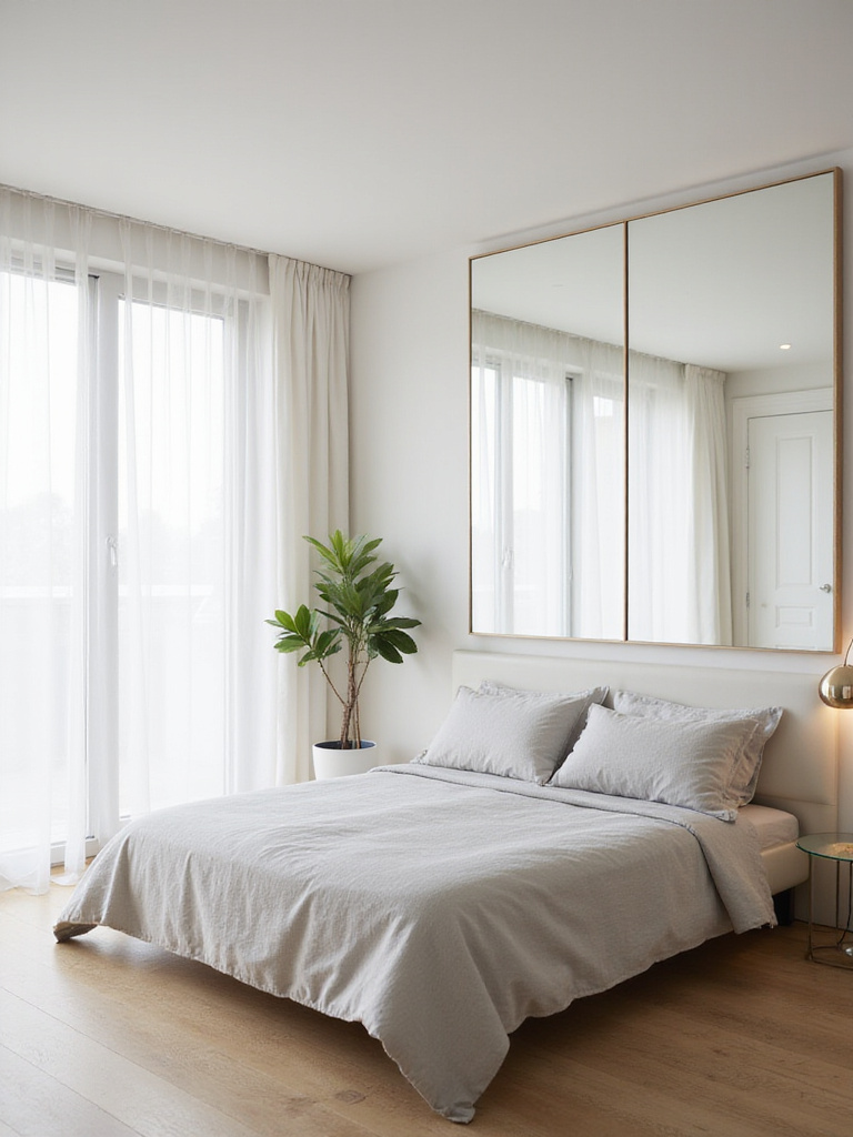 Modern bedroom portrait showing sheer curtains, large window, full-length mirror, light oak floor and neutral furnishings maximizing natural light.