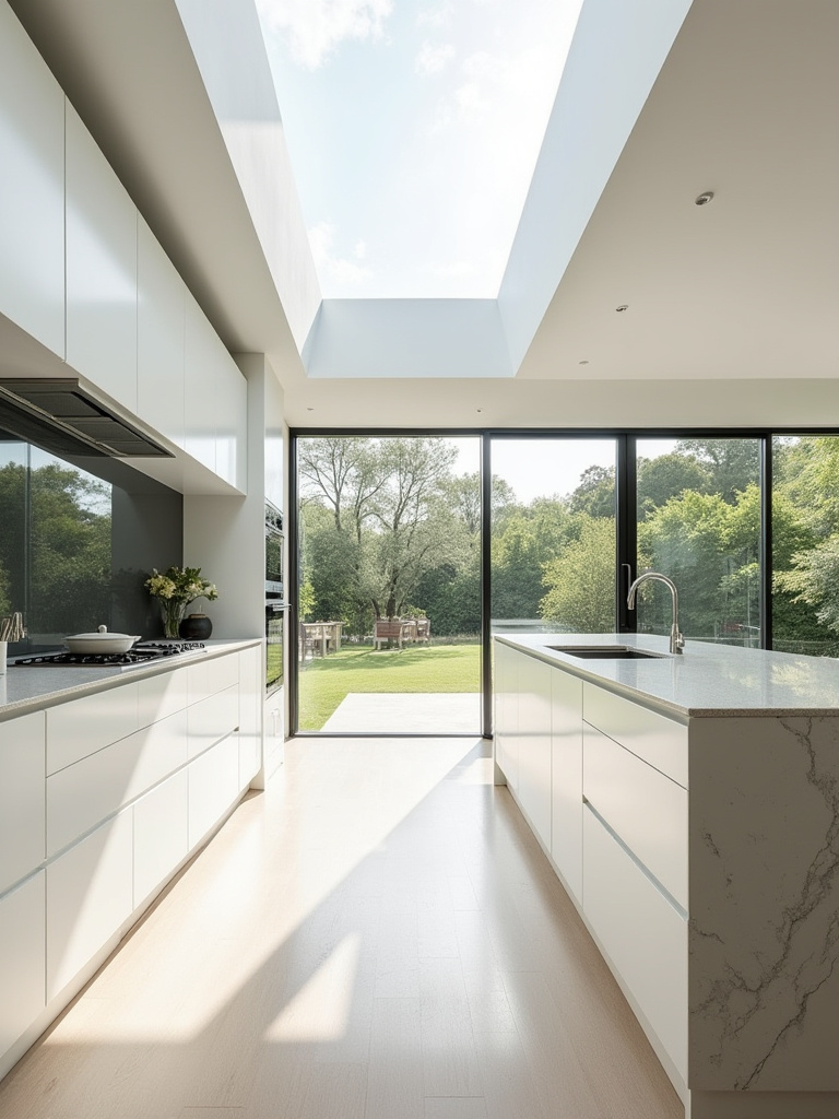 Bright modern kitchen with large windows, white cabinetry, light quartz island, and abundant natural daylight.
