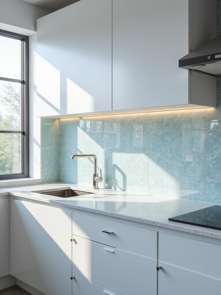 Modern kitchen with a reflective glass tile backsplash reflecting light and creating a bright, airy feel.