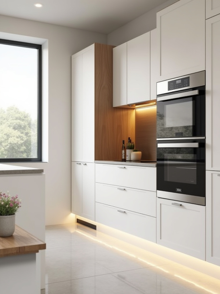 Vertical shot of a clutter-free modern kitchen with hidden smart tech integrated into cabinets