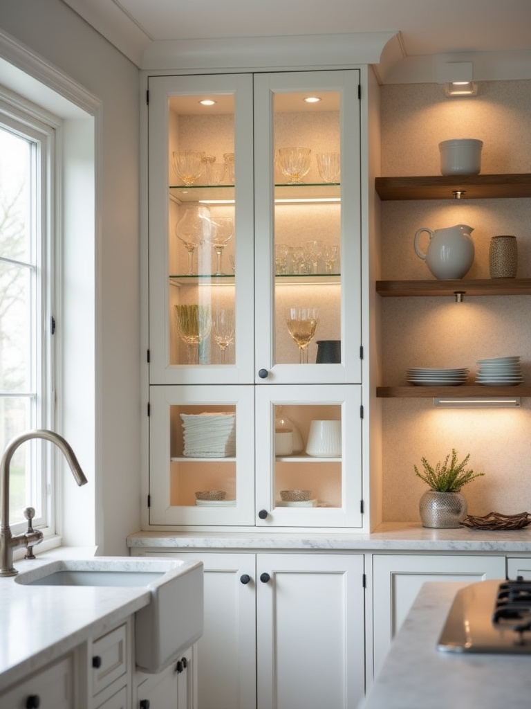 Modern kitchen with glass-front cabinets showing wallpapered interior backs and open shelving.