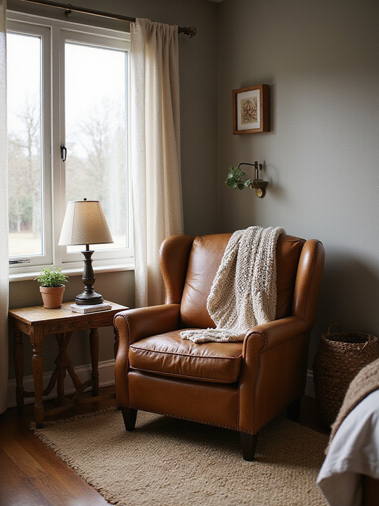 Rustic bedroom corner featuring a distressed leather accent chair with knit throw and warm lighting