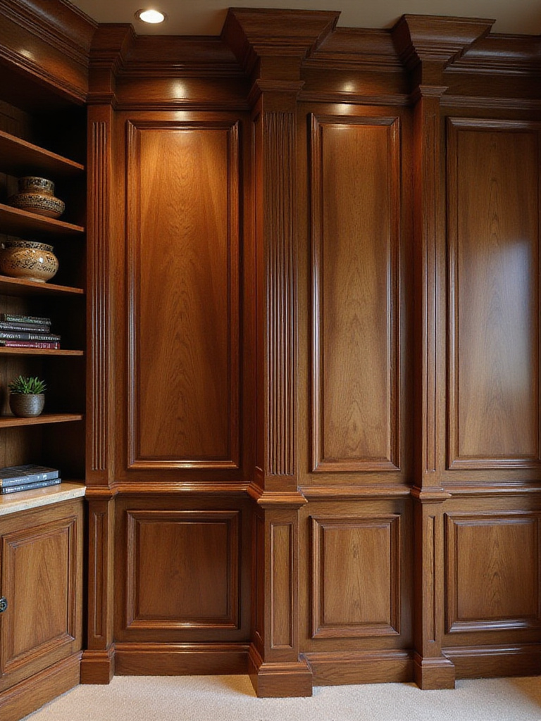 Luxurious living room portrait with custom millwork cabinetry and elegant wall paneling