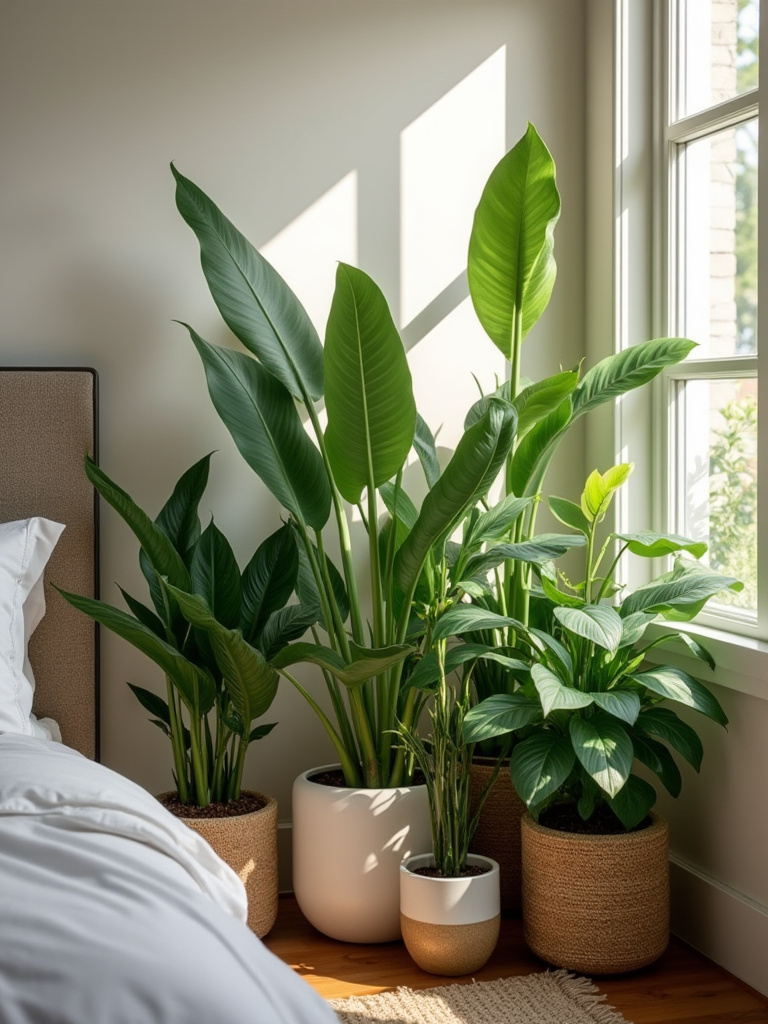 Cozy bedroom corner with calming houseplants in elegant planters illuminated by soft natural light