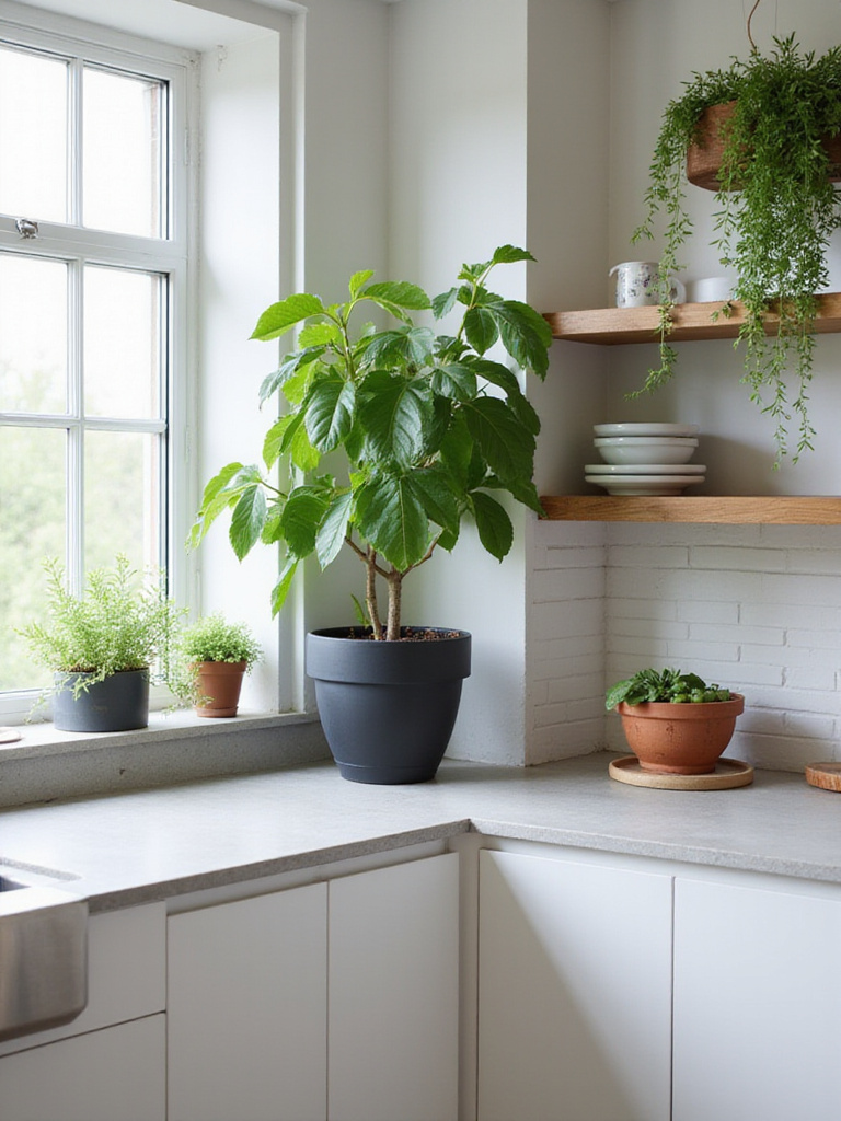 Modern contemporary kitchen with greenery and live plants adding organic contrast.